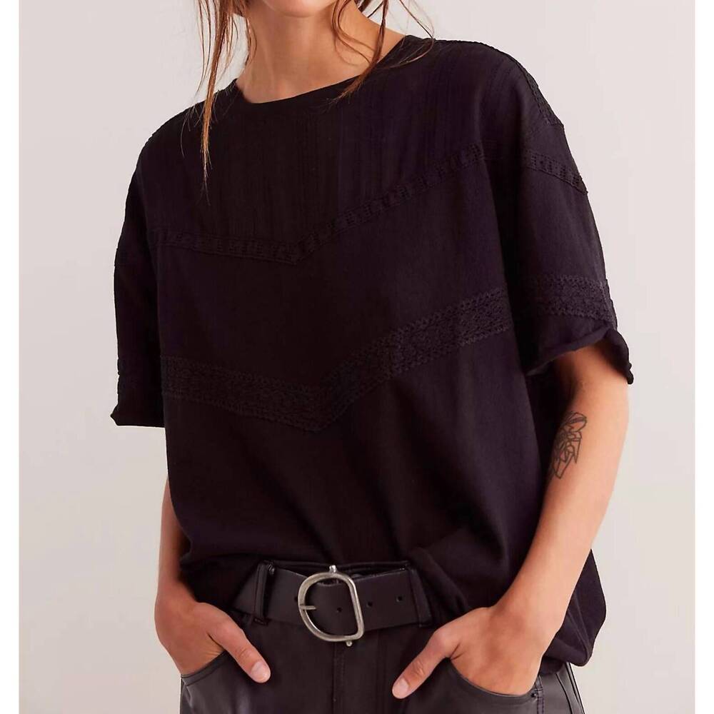 Free People Black Short Sleeve Lace-Trim Tee